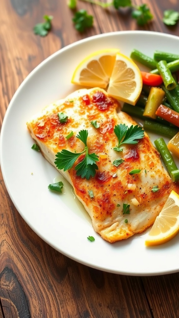 Pan-Seared Tilapia Recipe Pan-seared tilapia fillet garnished with parsley and lemon on a white plate with vegetables.